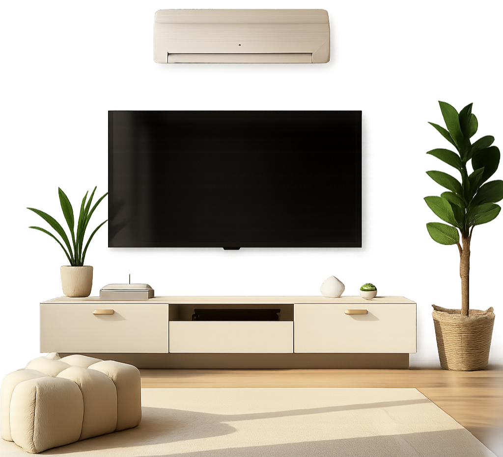 Climatisation murale dans un salon élégant, intégrée à un décor beige chaleureux